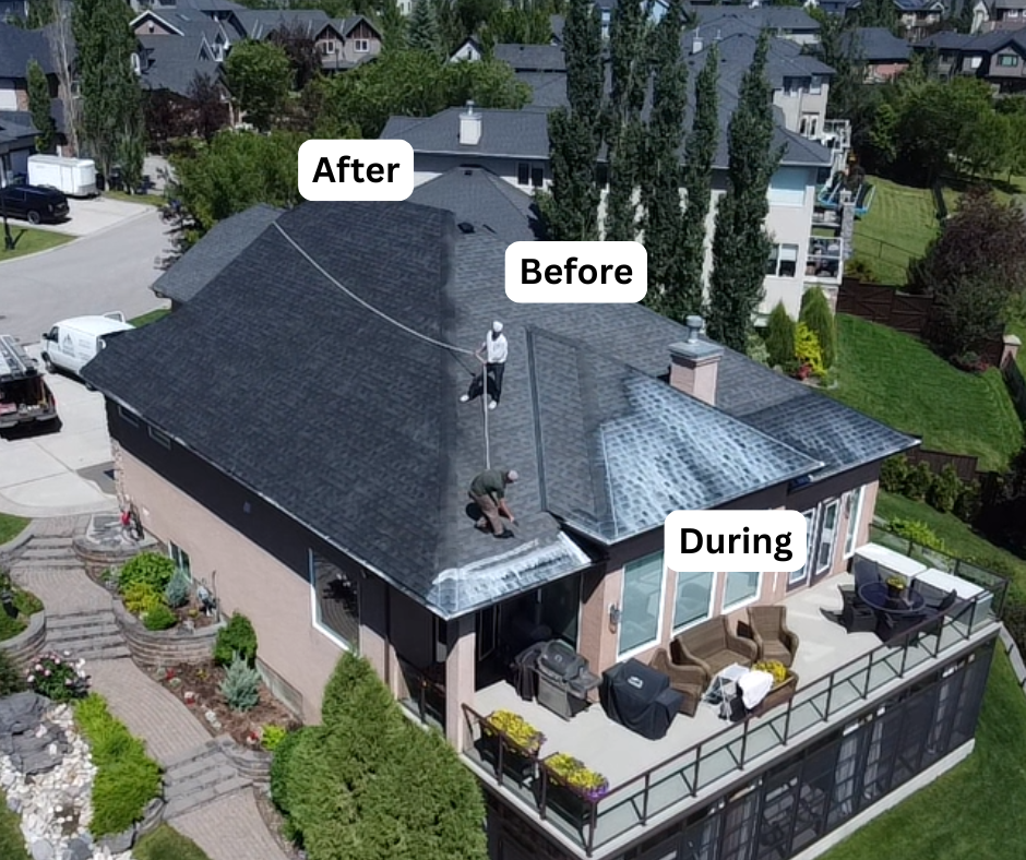 Aerial view of a residential asphalt roof part-way through treatment, showing the untreated surface beside the treated surface