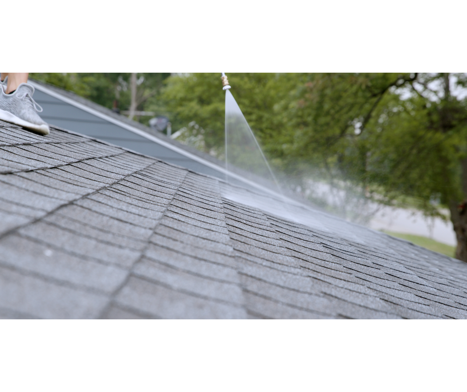 Low-pressure GreenSoy rejuvenation treatment being applied across asphalt shingles